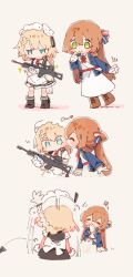 Rule 34 | 2girls, assault rifle, blonde hair, blue eyes, brown hair, chibi, cleaning gun, closed eyes, closed mouth, comic, commentary request, embarrassed, g36 (girls&#039; frontline), girls&#039; frontline, green eyes, gun, h&amp;k g36, highres, imoko (imonatsuki), kiss, kissing cheek, maid, maid headdress, multiple girls, rifle, silent comic, smile, springfield (girls&#039; frontline), surprise kiss, surprised, weapon