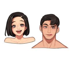Rule 34 | 1boy, 1girl, bare shoulders, black hair, collarbone, grey eyes, open mouth, original, portrait, rinotuna, shadow, short hair, simple background, smile, tongue, tongue out, white background