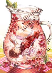 Rule 34 | 1girl, bottle, brown eyes, brown hair, bubble, cranberry, dress, highres, ice, ice cube, in bottle, in container, kim eb, kneehighs, long hair, looking at viewer, open mouth, original, pitcher (container), plaid, plaid dress, red dress, socks, sparkle, striped clothes, striped socks, underwater, upside-down