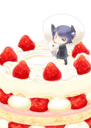 Rule 34 | 10s, 1girl, blue hair, cake, chibi, eyepatch, food, headgear, hinata yuu, icing, kantai collection, mini person, minigirl, oversized object, pastry bag, short hair, solo, squeeze bottle, strawberry shortcake, tenryuu (kancolle), thighhighs, yellow eyes