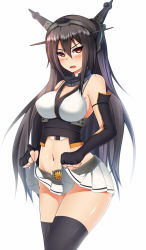 Rule 34 | 10s, 1girl, armpits, bare shoulders, blush, brown hair, clothes lift, female focus, fingerless gloves, gloves, hairband, headgear, highres, kantai collection, long hair, looking at viewer, midriff, nagato (kancolle), navel, open mouth, personification, red eyes, skirt, skirt lift, solo, standing, suteba (grzjkbhgf), thighhighs, thighs