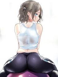 Rule 34 | 1girl, ass, ball, black pants, blue eyes, blush, borgbutler, brown hair, exercise ball, highres, looking at viewer, looking back, love live!, love live! sunshine!!, medium hair, pants, pantylines, shirt, simple background, sitting, sitting on ball, sleeveless, sleeveless shirt, solo, spread legs, tight clothes, tight pants, watanabe you, wet, wet clothes, white background, yoga pants