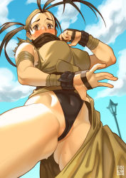 Rule 34 | antenna hair, blue sky, blush, breasts, cameltoe, cleft of venus, covered erect nipples, covered navel, from below, gluteal fold, highleg, highleg leotard, highres, ibuki (street fighter), large breasts, leotard, leotard under clothes, looking at viewer, looking down, mask, mouth mask, poch4n, sky, solo, street fighter, street fighter iii (series), sweat, torn clothes, torn sleeves, undressing