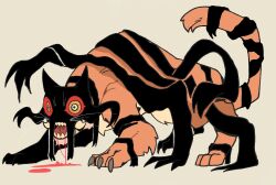 Rule 34 | absurdres, animal focus, claws, colored sclera, dream tiger (govy9807), from side, full body, highres, looking at viewer, mixief1, monster, no humans, open mouth, original, red sclera, sharp teeth, simple background, solo, teeth, tiger, yellow background, yellow eyes