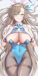 Rule 34 | 1girl, absurdres, animal ears, asuna (blue archive), asuna (bunny) (blue archive), bed sheet, black pantyhose, blue archive, blue eyes, blue halo, blue leotard, blue ribbon, blush, breasts, cleavage, covered navel, cowboy shot, detached collar, fake animal ears, gloves, grin, hair over one eye, hair ribbon, halo, heart, heart hands, highleg, highleg leotard, highres, huge breasts, large breasts, leotard, light brown hair, long hair, looking at viewer, lying, mole, mole on breast, on back, pantyhose, rabbit ears, ribbon, smile, solo, thighband pantyhose, thighs, very long hair, white gloves, zawa (beat7327)