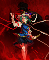 Rule 34 | 1girl, black skirt, blue eyes, blue vest, feet out of frame, green hair, hand up, hat, holding, inishie kumo, juliet sleeves, long sleeves, looking at viewer, medium hair, monster, parted lips, puffy sleeves, purple hat, red background, red ribbon, ribbon, shiki eiki, skirt, sleeve ribbon, smile, solo, standing, touhou, vest