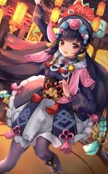Rule 34 | 1girl, :d, \m/, absurdres, architecture, arm up, black hair, black pantyhose, blunt bangs, blurry, capelet, commentary request, dancing, depth of field, east asian architecture, eyeshadow, fur-trimmed capelet, fur trim, genshin impact, hairband, highres, lantern, lolita fashion, lolita hairband, long hair, long sleeves, looking at viewer, makeup, open mouth, pantyhose, peking opera, qi lolita, red eyes, sidelocks, smile, solo, standing, standing on one leg, vision (genshin impact), xiye37, yun jin (genshin impact)