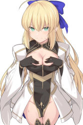 Rule 34 | 1girl, ahoge, artoria caster (fate), artoria caster (third ascension) (fate), artoria pendragon (fate), black gloves, blonde hair, blue bow, blush, bow, breasts, closed mouth, dress, fate/grand order, fate (series), gloves, green eyes, hair bow, hands on own chest, juliet sleeves, large breasts, long hair, long sleeves, looking at viewer, no panties, pelvic curtain, puffy sleeves, shiseki hirame, sidelocks, simple background, thighs, white background, white dress, wide sleeves