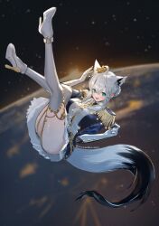 1girl :d ahoge animal_ear_fluff animal_ears ankle_boots aqua_eyes ass blue_jacket blurry blurry_background blush boots braid breasts bun_with_braided_base crossed_bangs crown ear_piercing earth_(planet) elbow_gloves extra_ears floating fox_ears fox_girl fox_tail full_body gloves gold_crown gold_trim hair_between_eyes hands_up high_heel_boots high_heels highres hololive jacket jewelry large_breasts legs_up looking_at_viewer lying mini_crown multicolored_clothes multicolored_jacket necktie official_alternate_costume official_alternate_hairstyle on_back open_mouth pentagram piercing planet pleated_skirt sashimi_(xoxosashimixoxo) shirakami_fubuki shirakami_fubuki_(fbkingdom) shirt short_hair side_braid sidelocks single_braid skirt smile solo space star_(sky) star_(symbol) tail teeth thigh_strap thighhighs thighs tilted_headwear twitter_username virtual_youtuber white_footwear white_gloves white_hair white_jacket white_necktie white_shirt white_skirt white_thighhighs