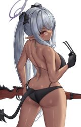 Rule 34 | 1girl, absurdres, ass, bikini, black bikini, black ribbon, blue archive, bolt action, butt crack, commentary request, dark-skinned female, dark skin, demon tail, unworn eyewear, from behind, grey hair, gun, hair ribbon, highres, holding, holding gun, holding removed eyewear, holding weapon, iori (blue archive), iori (swimsuit) (blue archive), long hair, looking at viewer, looking back, mauser 98, mua (mua pb), multi-strapped bikini bottom, official alternate costume, pointy ears, red eyes, ribbon, rifle, solo, sunglasses, swimsuit, tail, twintails, weapon