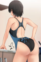 Rule 34 | 1girl, amagami, apron, ass, black hair, black one-piece swimsuit, blue apron, brown eyes, competition swimsuit, cowboy shot, from behind, highres, leaning forward, looking at viewer, looking back, nanasaki ai, one-piece swimsuit, short hair, signature, solo, swimsuit, two-tone swimsuit, wedgie, yoo tenchi