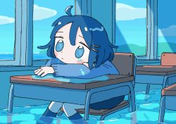 Rule 34 | 1girl, ahoge, alternate body fluid, animal, animated, animated gif, arm rest, black skirt, black socks, blinking, blue eyes, blue hair, blue sky, blue theme, chair, classroom, closed mouth, cloud, cloudy sky, crossed arms, crying, crying with eyes open, dark blue hair, day, desk, dot nose, feet out of frame, fish, from side, hair ornament, hairclip, head rest, highres, horizon, indoors, kneehighs, knees together feet apart, long sleeves, looking ahead, looping animation, miniskirt, mountainous horizon, no pupils, ocean, on chair, outstretched arm, partially immersed, pleated skirt, sad, school, school chair, school desk, school swimsuit, shade, short hair, sidelighting, sitting, skirt, sky, soaking feet, socks, solo, surreal, swimsuit, tareme, tears, water, window