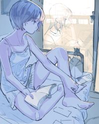 Rule 34 | absurdres, aspara, bandaid, barefoot, book, camisole, cellphone, collarbone, hand on own leg, highres, holding, holding book, original, phone, reflection, short hair, shorts, sitting, smartphone, solo