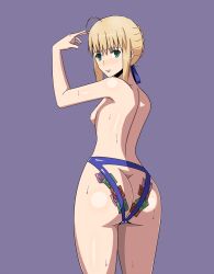 Rule 34 | 1girl, artoria pendragon (fate), ass, ass cutout, backless panties, blonde hair, blush, breasts, bush, butt crack, clothing cutout, condom, fate/stay night, fate (series), green eyes, highres, looking back, medium breasts, nipples, panties, saber (fate), solo, sweat, underwear