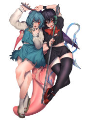 Rule 34 | 2girls, absurdres, asymmetrical wings, black dress, black hair, black legwear, blue hair, blue vest, bow, dress, full body, geta, heterochromia, highres, holding, houjuu nue, karakasa obake, long sleeves, looking at viewer, mary janes, multiple girls, nail polish, navel, open mouth, polearm, red eyes, red footwear, shoes, short hair, simple background, skirt, smile, snake, tatara kogasa, thighhighs, tongue, torn clothes, touhou, trident, umbrella, vest, weapon, white background, wings, yamazaki tsukune