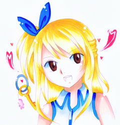 Rule 34 | 1girl, artist request, blonde hair, blue ribbon, blue shirt, breasts, brown eyes, facing viewer, fairy tail, hair ornament, hair ribbon, hair tie, happy, heart, key, large breasts, long hair, looking at viewer, lowres, lucy heartfilia, multicolored clothes, multicolored shirt, open mouth, ponytail, ribbon, shirt, side ponytail, simple background, sleeveless, sleeveless shirt, smile, solo, teeth, tongue, upper body, white background, white shirt, zipper, zipper pull tab