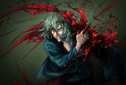 Rule 34 | 00s, 1boy, bleeding, blood, clenched teeth, fang, grey background, injury, japanese clothes, kuroi nyan, male focus, md5 mismatch, red eyes, resolution mismatch, solo, source larger, teeth, tohno shiki (2), tsukihime, white hair