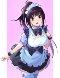 Rule 34 | 1girl, :d, absurdres, alternate costume, alternate hairstyle, apron, black dress, black hair, chitanda eru, dress, enmaided, highres, hyouka, long hair, looking at viewer, maid, maid apron, maid headdress, open mouth, ponytail, puffy short sleeves, puffy sleeves, purple background, purple eyes, sakamoto (ojiojiojisanda), short sleeves, simple background, smile, solo, thighhighs