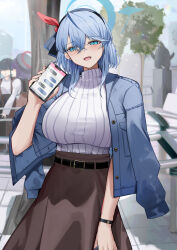 Rule 34 | 1girl, absurdres, ako (blue archive), alternate costume, blue archive, blue eyes, blue hair, blue jacket, breasts, brown skirt, cellphone, hair between eyes, highres, holding, holding phone, jacket, jacket on shoulders, large breasts, long hair, looking at viewer, open mouth, phone, san (harutuki 3), skirt, smartphone, smile, solo, sweater, white sweater