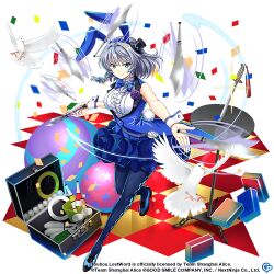 Rule 34 | 1girl, alternate costume, animal ears, bird, blue hat, blue skirt, bottle, braid, checkered floor, commentary, confetti, copyright name, copyright notice, english commentary, full body, game cg, hat, izayoi sakuya, izayoi sakuya (horned rabbit silver juggler), knife, looking at viewer, mini hat, mini top hat, rabbit ears, rotte (1109), side braids, skirt, solo, sword, third-party source, top hat, touhou, touhou lostword, twin braids, weapon, wrist cuffs