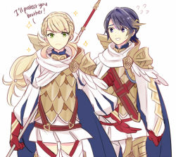 Rule 34 | 1boy, 1girl, alfonse (fire emblem), armor, blonde hair, blue hair, brother and sister, cape, dinikee, fire emblem, fire emblem heroes, holding, holding weapon, lance, nintendo, pauldrons, polearm, scale armor, sharena (fire emblem), short hair, shoulder armor, siblings, sweat, sweatdrop, thighhighs, weapon