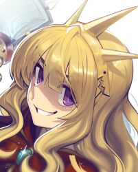 1girl boa_(brianoa) book brooch cagliostro_(granblue_fantasy) crown granblue_fantasy highres jewelry long_hair looking_at_viewer open_book portrait purple_eyes shaded_face smile solo white_background