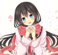 Rule 34 | 1girl, :d, baozi, black hair, blue eyes, blush, eating, enpera, food, gradient background, hands up, head tilt, heart, holding, holding food, long hair, long sleeves, looking at viewer, open mouth, original, red scarf, round teeth, scarf, smile, solo, teeth, upper body, upper teeth only, white background, yasuno (airy light)