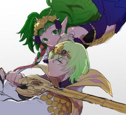 Rule 34 | 1boy, 1girl, armor, braid, byleth (fire emblem), byleth (male) (fire emblem), cloak, closed mouth, fire emblem, fire emblem: three houses, from side, green eyes, green hair, heroes relic (fire emblem), holding, holding sword, holding weapon, long hair, looking at viewer, nintendo, oysm gnn, pointy ears, ribbon braid, short hair, simple background, sothis (fire emblem), sword, sword of the creator, tiara, twin braids, upper body, weapon, white background