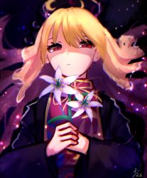 Rule 34 | 1girl, black hat, blonde hair, chinese clothes, closed mouth, flower, hair between eyes, hat, highres, junko (touhou), lily (flower), looking at viewer, mozuno (mozya 7), one-hour drawing challenge, own hands together, red eyes, solo, touhou, water
