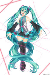 Rule 34 | 1girl, abiboge, absurdres, aqua eyes, aqua hair, aqua necktie, bare shoulders, black footwear, boots, breasts, crossed ankles, detached sleeves, grey vest, hair between eyes, hatsune miku, headset, highres, light blush, long hair, looking at viewer, necktie, open mouth, pleated skirt, skirt, small breasts, solo, teeth, thigh boots, thighhighs, tongue, twintails, upper teeth only, vest, vocaloid, white background, zettai ryouiki