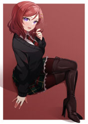 Rule 34 | 1girl, absurdres, boots, border, brown pantyhose, cardigan, crossed legs, from side, full body, hand up, highres, love live!, love live! school idol project, medium hair, miniskirt, necktie, nishikino maki, open mouth, pantyhose, pukonuu, purple eyes, red hair, sitting, skirt, solo, striped necktie, thigh boots, white border
