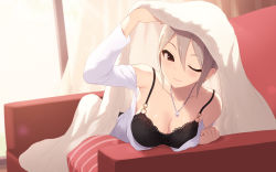Rule 34 | 1girl, backlighting, bare shoulders, bed sheet, black camisole, blush, breasts, brown eyes, cait aron, camisole, cleavage, closed mouth, couch, curtains, grey hair, hair between eyes, highres, idolmaster, idolmaster cinderella girls, jewelry, long sleeves, looking at viewer, medium breasts, necklace, off-shoulder shirt, off shoulder, one eye closed, parted bangs, pendant, shiomi syuko, shirt, short hair, smile, solo, white shirt, window