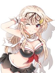 Rule 34 | 1girl, absurdres, adapted costume, bikini, bikini skirt, black bikini, black skirt, blush, bracelet, breasts, cleavage, closed mouth, hair flaps, hair ornament, hair ribbon, hairclip, halkawa501, highres, jewelry, kantai collection, large breasts, looking at viewer, messy hair, one eye closed, ribbon, scarf, shadow, simple background, skirt, smile, solo, swimsuit, upper body, white background, white scarf, yuudachi (kancolle), yuudachi kai ni (kancolle)