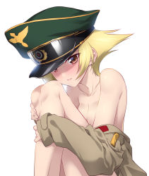Rule 34 | 1girl, blonde hair, blush, breasts, brown eyes, brown jacket, cleavage, collarbone, commentary request, erwin (girls und panzer), girls und panzer, hat, highres, jacket, kuzuryuu kennosuke, looking at viewer, looking to the side, military hat, military jacket, naked jacket, no bra, open mouth, short hair, simple background, small breasts, smile, solo, white background