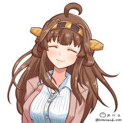 Rule 34 | 1girl, ahoge, breasts, brown hair, closed eyes, collared shirt, commentary request, dated, double bun, dress shirt, facing viewer, gold hairband, hair bun, hairband, headgear, jacket, kantai collection, kongou (kancolle), large breasts, long hair, official alternate costume, pink jacket, shiromaru (maniado), shirt, smile, solo, striped clothes, striped shirt, twitter username, upper body, white shirt