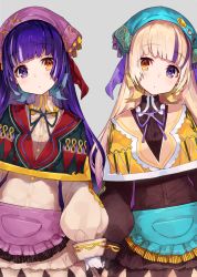 Rule 34 | 2girls, apron, black gloves, blonde hair, blunt bangs, blush, brown eyes, buttons, cowboy shot, dress, gloves, grey background, hair ribbon, head scarf, head tilt, heterochromia, holding hands, long sleeves, looking at viewer, mika pikazo, multicolored hair, multiple girls, neck ribbon, original, purple eyes, purple hair, ribbon, siblings, side-by-side, simple background, sisters, symmetrical pose, tareme, twins, white gloves