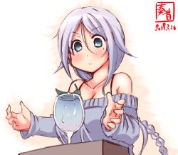 Rule 34 | 1girl, alternate costume, bare shoulders, blue eyes, blue sweater, blush, braid, breasts, cleavage, closed mouth, collarbone, commentary request, cup, dated, glass, hair between eyes, hair tie, highres, hunter x hunter, kanon (kurogane knights), kantai collection, leaf, long hair, long sleeves, medium breasts, mole, mole under eye, revision, single braid, solo, sweater, umikaze (kancolle), upper body, very long hair, water, white background, white hair