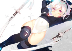 Rule 34 | 1girl, arms up, black dress, black gloves, black shirt, black thighhighs, blush, boots, breasts, commentary request, covered navel, crop top, dress, elbow gloves, flower, gloves, hair flower, hair ornament, hairband, high heels, leotard, leotard under clothes, lying, nier (series), nier:automata, no pants, on back, shirt, short hair, silver hair, small breasts, solo, sword, thigh boots, thighhighs, weapon, white leotard, 2b (nier:automata), yuizaki kazuya