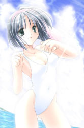 Rule 34 | 1girl, adjusting clothes, adjusting swimsuit, beach, blue hair, bob cut, breasts, casual one-piece swimsuit, cleavage, cloud, day, dutch angle, fisheye, green eyes, halterneck, light rays, medium breasts, navel, nomal, ocean, one-piece swimsuit, original, outdoors, short hair, sky, smile, solo, standing, sunbeam, sunlight, swimsuit, water, white one-piece swimsuit