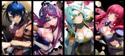 Rule 34 | 1boy, 3girls, absurdres, alcryst (fire emblem), aqua hair, armor, ascot, belt, black bodysuit, black cape, black dress, blue hair, blush, bodysuit, book, bow (weapon), breasts, cape, chloe (fire emblem), cleavage, closed mouth, clothing cutout, collarbone, column lineup, commentary request, covered navel, cowboy shot, dress, elbow gloves, fire emblem, fire emblem engage, fishnet thighhighs, fishnets, flower, gloves, green eyes, hair ornament, hairclip, highres, holding, holding book, holding bow (weapon), holding weapon, ivy (fire emblem), kunai, large breasts, long hair, long sleeves, looking at viewer, microdress, mu tu bu, multiple girls, nintendo, pink flower, pink lips, purple dress, purple eyes, purple hair, red eyes, red hair, red vest, short hair, short sleeves, shoulder armor, smile, standing, star (symbol), star hair ornament, thighhighs, thighs, upper body, very long hair, vest, weapon, white ascot, white background, white gloves, yellow belt, yunaka (fire emblem)