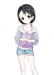 Rule 34 | 1girl, absurdres, bare shoulders, bikini, bikini under clothes, black eyes, black hair, blush, feet out of frame, hair ornament, hairclip, highres, idolmaster, idolmaster cinderella girls, looking at viewer, off-shoulder shirt, off shoulder, own hands together, pale skin, sasaki chie, see-through, see-through shirt, shirt, short hair, short shorts, shorts, simple background, sketch, smile, solo, swimsuit, tsurumai kada, white background