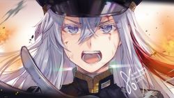 Rule 34 | 1girl, 86 -eightysix-, blood, blue jacket, close-up, explosion, grey eyes, hat, high collar, jacket, long hair, looking at viewer, military, military hat, military uniform, red hair, shanabi0610, shouting, solo, uniform, vladilena millize