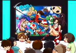 Rule 34 | 2girls, 6+boys, androgynous, axl low, bandaid, bare shoulders, black hair, breasts, brown hair, cleavage, copyright name, costume, crossover, egg, evolution championship series, fighting stance, folding fan, guilty gear, guilty gear xrd, hanamura yousuke, hand fan, head, heart, highres, holding, holding weapon, kai 2100, king (tekken), kuma (persona 4), large breasts, long hair, looking at viewer, mario (series), marvel vs. capcom, marvel vs. capcom 3, multiple boys, multiple crossover, multiple girls, muscular, nintendo, pants, persona, persona 4, pink hair, poison (final fight), polearm, pout, rocket raccoon, saddle, saliva, scythe, shiranui mai, shirt, short sleeves, shy guy, sleeping, sleeveless, street fighter, street fighter iv (series), super smash bros., t-shirt, tank top, tekken, the king of fighters, thighs, toad (mario), union jack, very long hair, vest, weapon, wince, wind, yang lee, yoshi