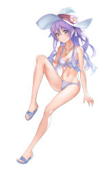 Rule 34 | 1girl, absurdres, bare arms, bare shoulders, bikini, breasts, brown eyes, cleavage, collarbone, flower, front-tie bikini top, front-tie top, full body, hair ribbon, hand on own knee, hat, hat flower, highres, invisible chair, jewelry, king&#039;s raid, knee up, long hair, long legs, looking at viewer, medium breasts, navel, necklace, ophelia (king&#039;s raid), purple hair, ribbon, simple background, sitting, slippers, smile, solo, star (symbol), sun hat, swimsuit, vladislav ton, white background, white bikini, white hat