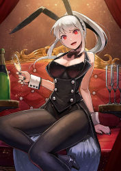 Rule 34 | 1girl, :d, animal ears, arm support, bare arms, bare shoulders, black coat, black footwear, black leotard, black nails, black pantyhose, bow, bowtie, breasts, buttons, chaise longue, champagne bottle, champagne flute, cleavage, coat, cup, detached collar, double-breasted, drinking glass, fake animal ears, hairband, highleg, highleg leotard, holding, holding cup, kuroi susumu, large breasts, leotard, long hair, looking at viewer, nail polish, open mouth, original, pantyhose, playboy bunny, ponytail, rabbit ears, red eyes, shoes, sidelocks, silver hair, sitting, sleeveless, sleeveless coat, smile, solo, tailcoat, wrist cuffs