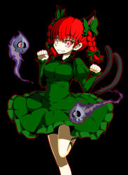 Rule 34 | 1girl, animal ears, bow, braid, breasts, cat ears, cat girl, cat tail, extra ears, female focus, glowing, grin, hair bow, hecchi (blanch), kaenbyou rin, leg up, multiple tails, paw pose, red eyes, red hair, short hair, simple background, skull, smile, solo, tail, teeth, touhou, twin braids