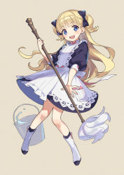 Rule 34 | 1girl, ame8desu, apron, blonde hair, blue bow, blue dress, blush, bow, broom, bucket, bucket of water, commentary request, dress, emilico (shadows house), facing viewer, hair bow, holding, holding broom, long hair, long sleeves, maid apron, puffy long sleeves, puffy sleeves, shadows house, simple background, smile, solo, standing, two side up, very long hair, white apron