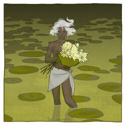 Rule 34 | 1girl, armlet, blonde hair, border, bouquet, breasts, collarbone, dark-skinned female, dark skin, evermeer, facial tattoo, floating hair, flower, holding, holding bouquet, jewelry, lily pad, looking at viewer, necklace, original, parted lips, partially submerged, reflection, sarong, signature, small breasts, solo, standing, tattoo, topless, water lily flower, white border, white sarong