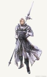 Rule 34 | 1boy, blonde hair, boots, copyright notice, dion lesage, final fantasy, final fantasy xvi, full body, hand on own hip, highres, holding, holding polearm, holding weapon, male focus, medium hair, official art, polearm, simple background, solo, spear, square enix, takahashi kazuya, weapon, white background