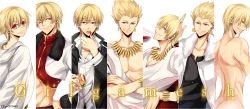 Rule 34 | 1boy, alcohol, bad id, bad pixiv id, blonde hair, bracelet, character name, child gilgamesh (fate), coat, column lineup, costume chart, cup, drinking glass, earrings, eating, fate/hollow ataraxia, fate/stay night, fate/strange fake, fate/zero, fate (series), food, gilgamesh (fate), hair down, hair up, jewelry, male focus, multiple persona, necklace, nude, official alternate costume, red eyes, sandwich, toga, v-neck, wet, white background, wine, wine glass, aged down, zerocastle